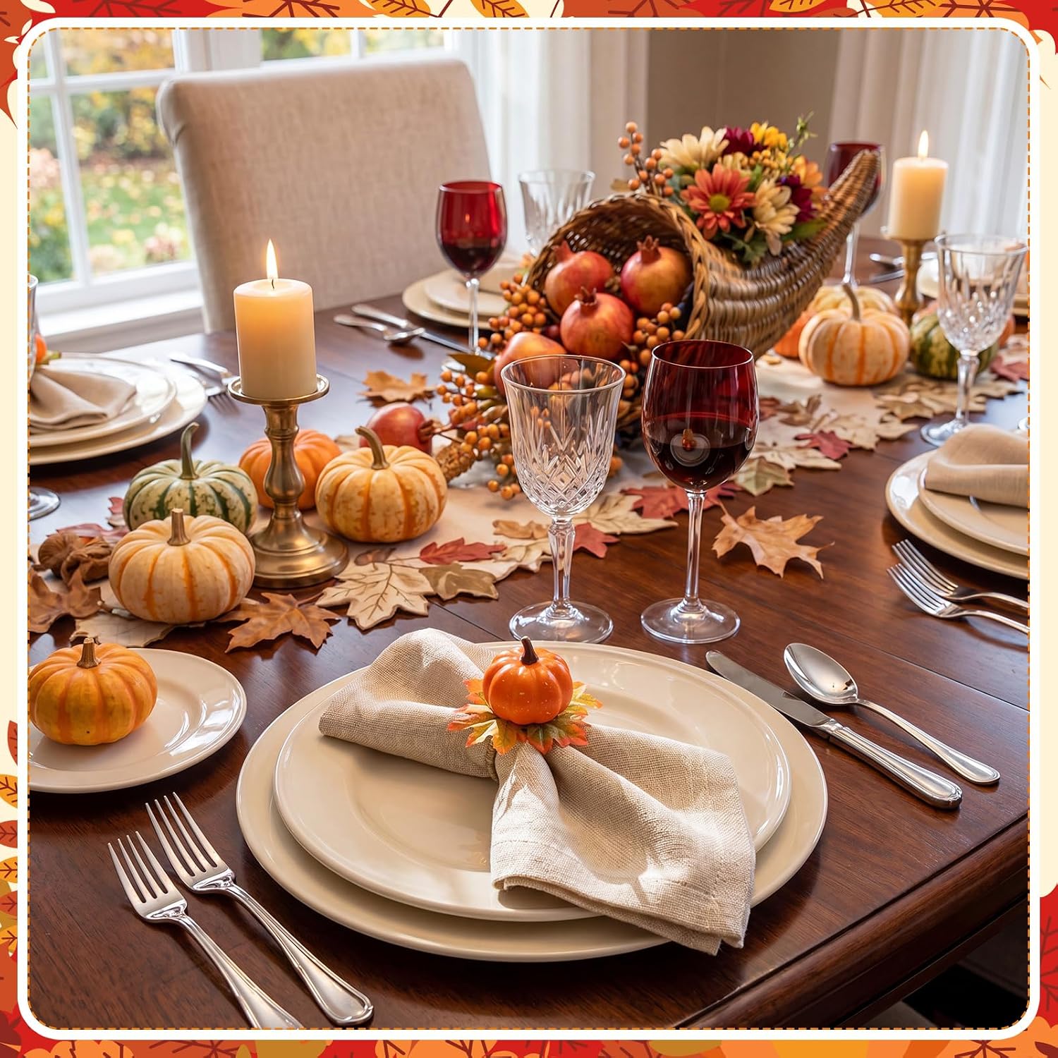 Yungyan 12Set Fall Pumpkin Maple Napkin Ring,Thanksgiving Napkin Rings