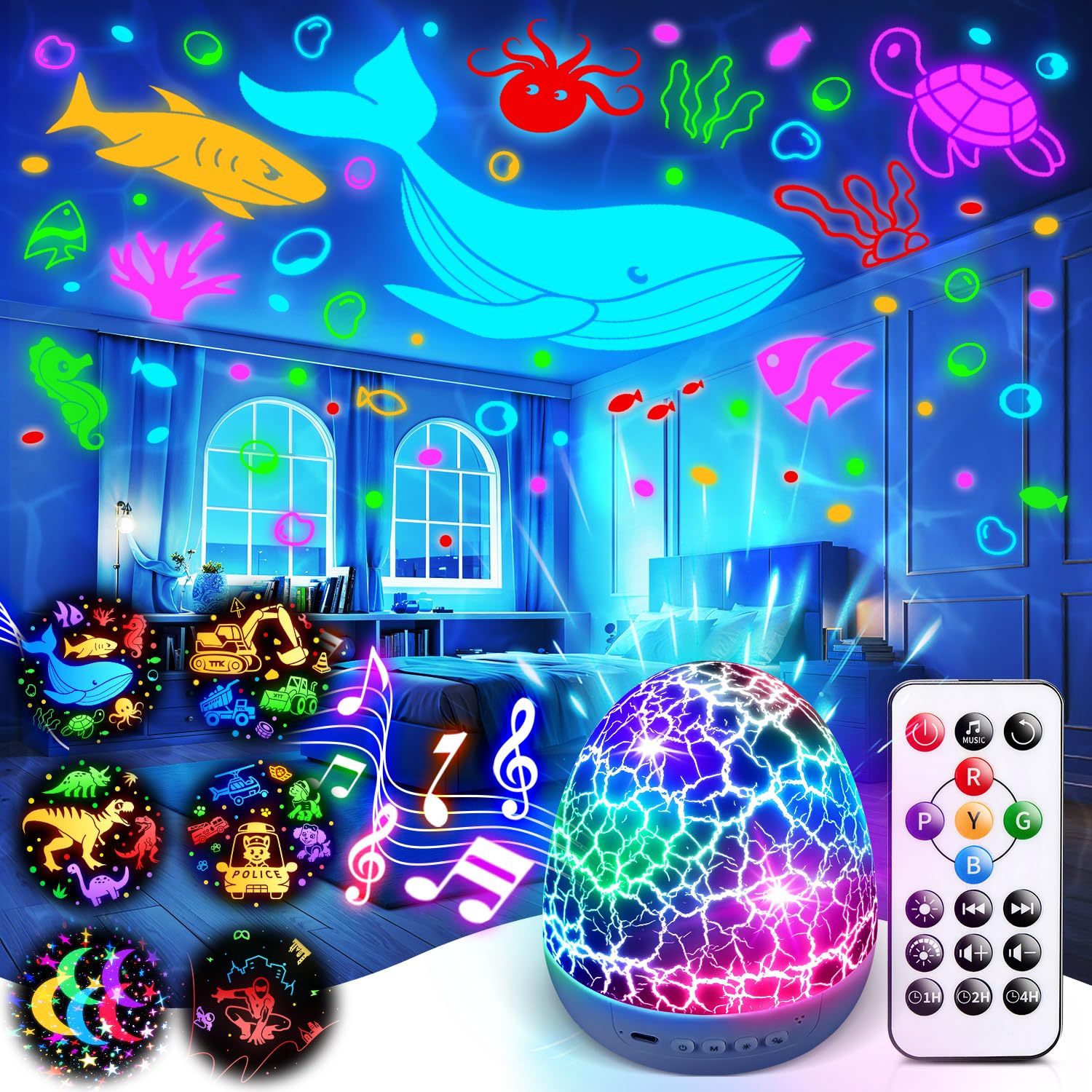 PIKOY Sensory Light Projector, White Noise Sound Machine Baby Sleep Soother, 15 Lullabies Music & 6 Films Dinosaur Egg Lamp, Calming Toddler Sensory Toys Boy Gifts, Remote+Timer Night Light Kids Toys