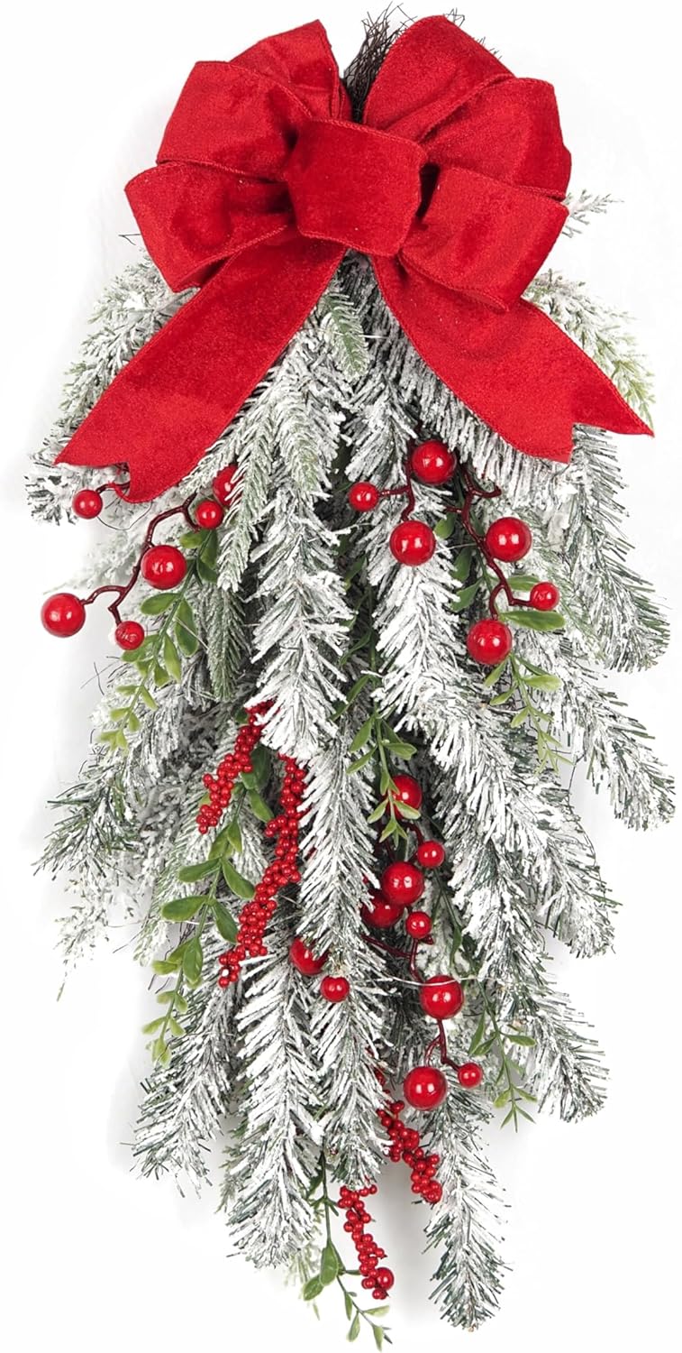 28 inch Pre-lit Christmas Teardrop Swag, Decorated with Artificial Flocked Pine Branch Red Berry Wired Bowknot White LED Light, White Snowy Christmas Decoration for Front Door Outdoor