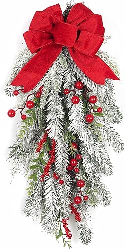 Guirnalda Navideña en Forma de Lágrima Preiluminada de 28 pulgadas, Decorada con Ramas de Pino Artificial Nevadas, Bayas Rojas, Lazo con Alambre,