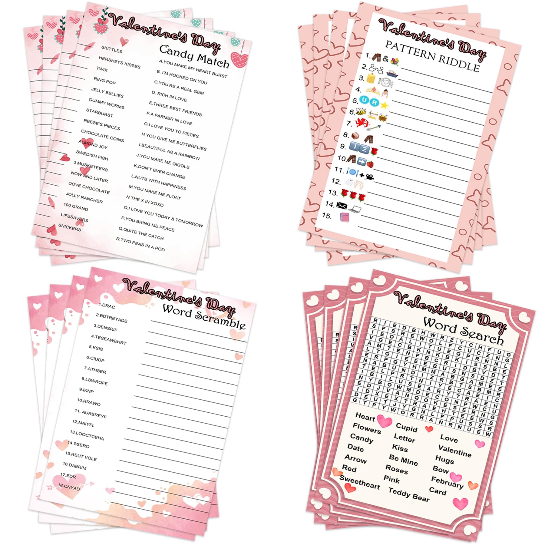 104Pcs Valentines Party Games Card Valentine's Word Search Word Scramble Classroom Party Game for Home Activities