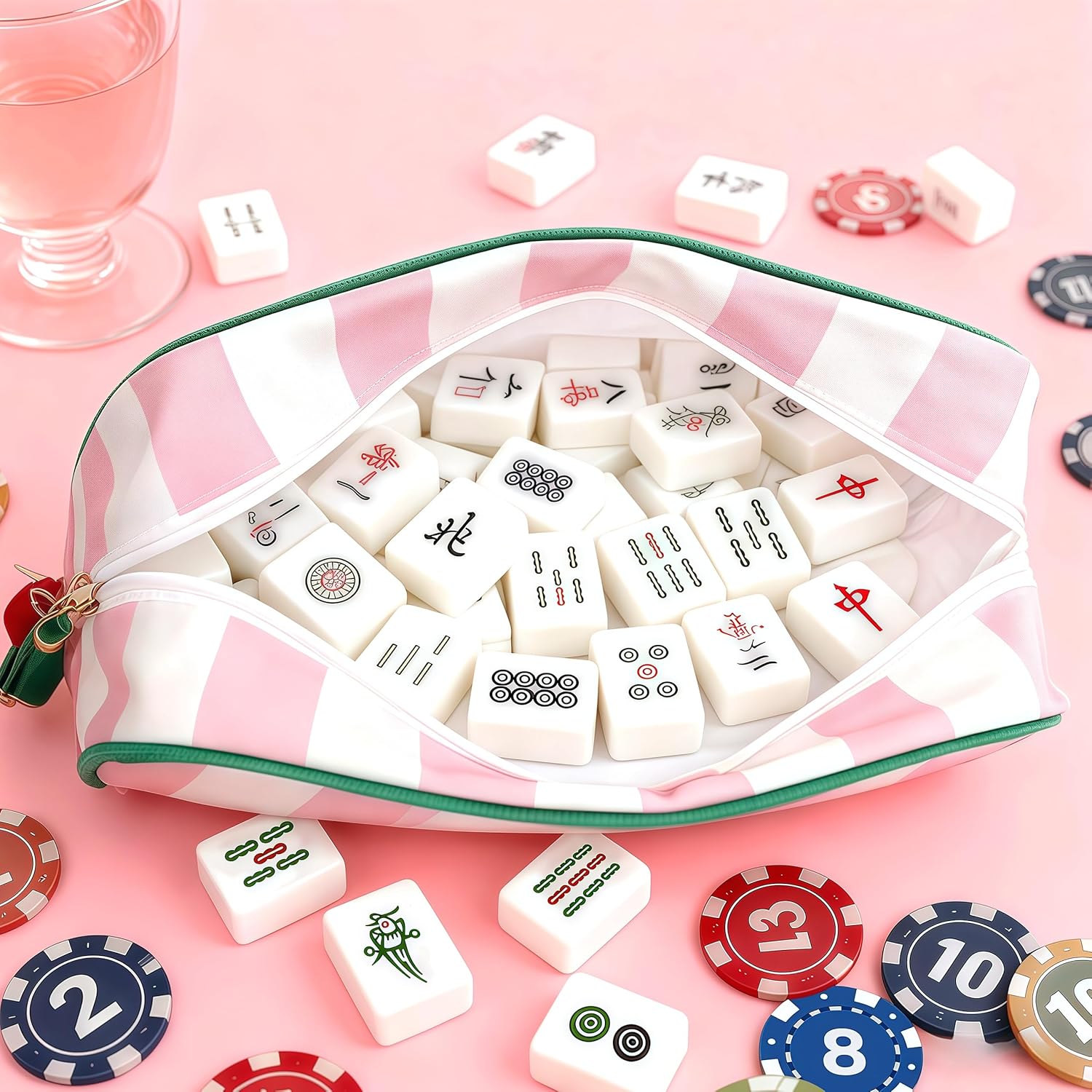 American Mahjong Tile Bag for 166 Tiles (1.2") – Pink Striped Embroidered “mahj” Storage Case, Thickened Canvas Zipper Pouch for Travel & Game Night, Bag Only