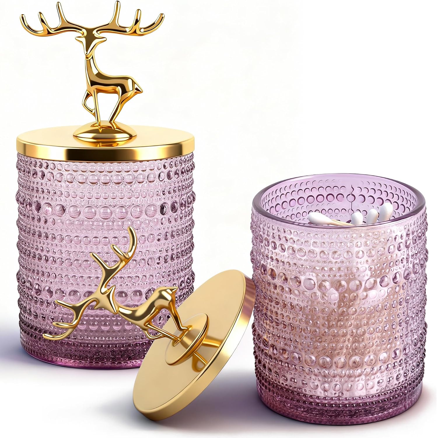 2 Set Purple Glass Cotton Swab Jars with Gold Lids – Vanity Countertop Organizer Containers for Cotton Pads, Floss Picks, Bath Salts