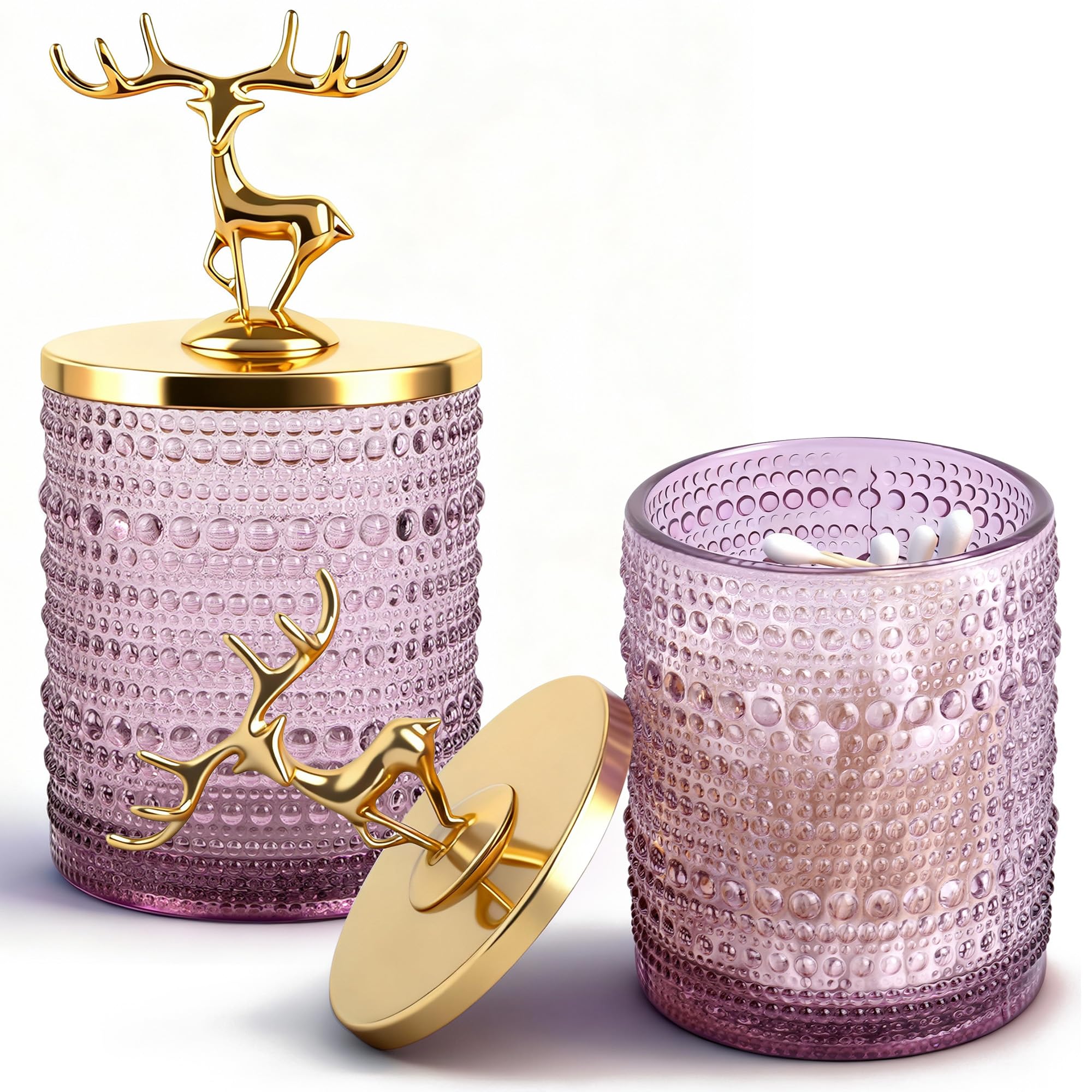 Biiange Glass Qtip Holder Dispenser Set, Glass Qtip Holder, with Gold Metal Lid, Cute Bathroom Qtips Jars, Cotton Ball Organizer for Cotton Swab, Round Pads, Floss Picks, Bath Salt (2 PC Purple)