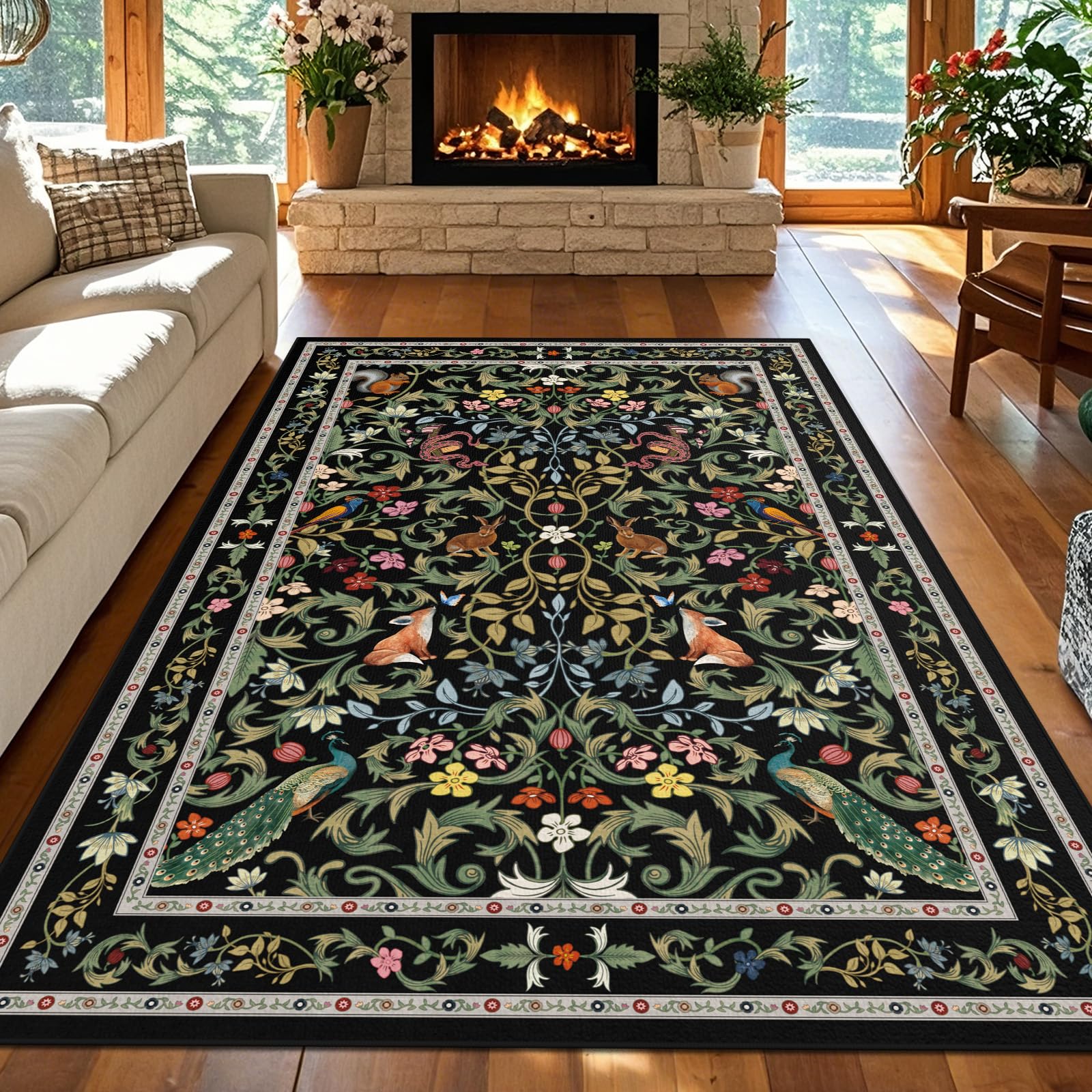 TUKDAK Rugs for Living Room Non Slip 120x180cm, Black Animal Washable Bedroom Rugs, Boho Forest Floral Animal Floor Carpet for Kitchen Dining Room Office Kids Nursery Room, Soft Low Pile — image 1