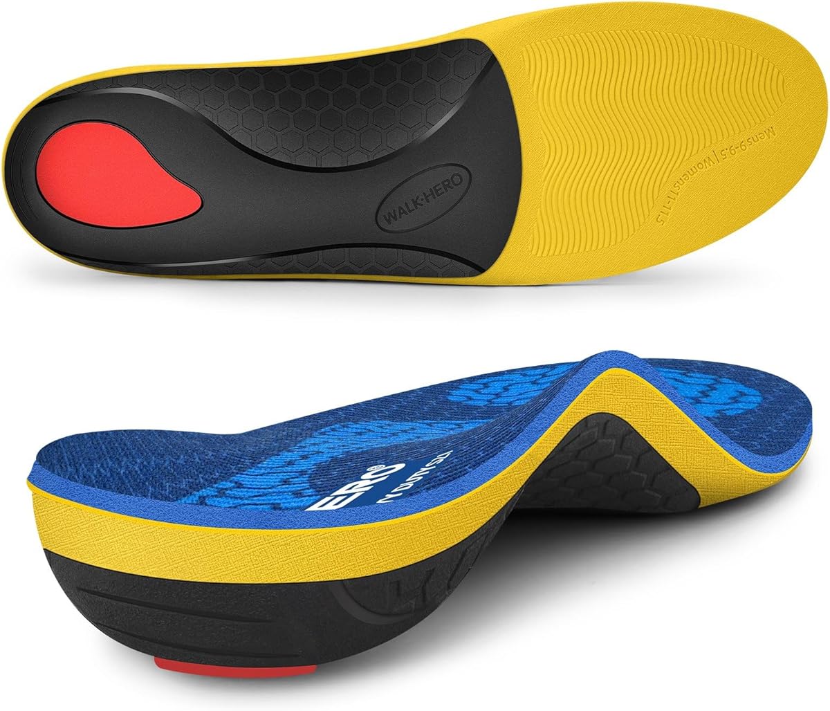 WalkHero Heavy Duty High Arch Support Insoles, 220+lbs High Arch Support Orthotics Inserts for Plantar Fasciitis, Flat Feet, Pronation and Heel Pain (Mens 10-10.5 | Womens 12-12.5, Glacial Blue)
