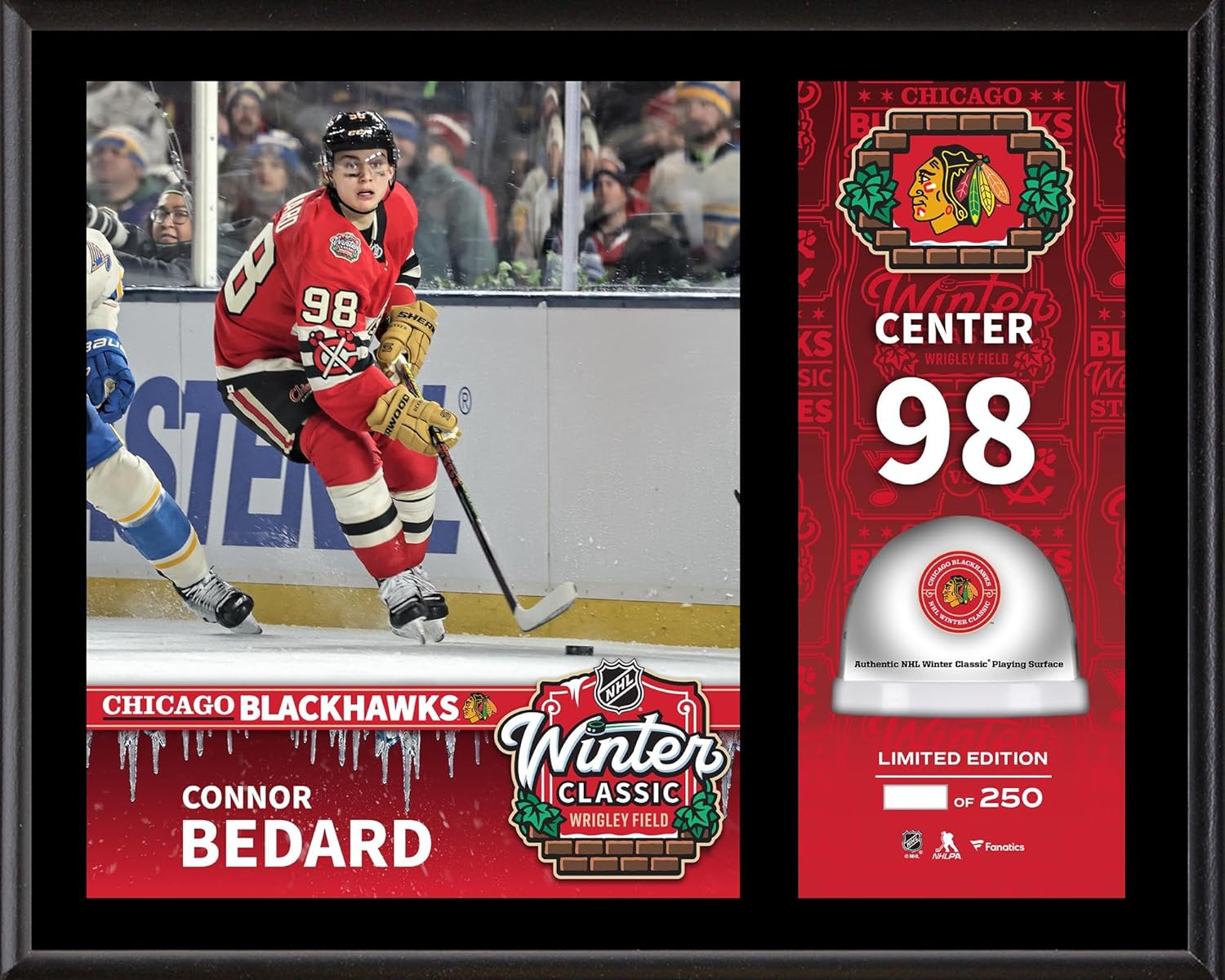 Connor Bedard Chicago hawks 2025 NHL Winter Classic 12" x 15" Sublimated Plaque with Game-Used Ice - Limited Edition of 250 - NHL Game Used Ice Collages