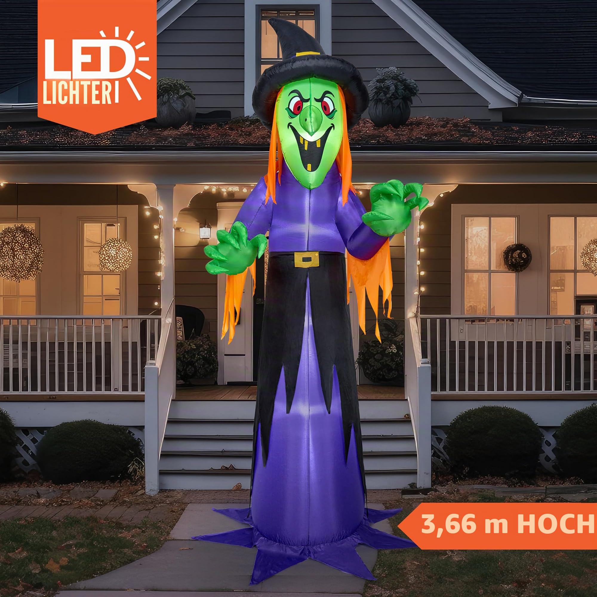 Joiedomi 12 Fuß hohe aufblasbare Halloween-Hexe mit LED-Lichtern - Gruselige Deko für draußen im Garten, aufblasbare Deko für draußen im Garten, Halloween-Dekor