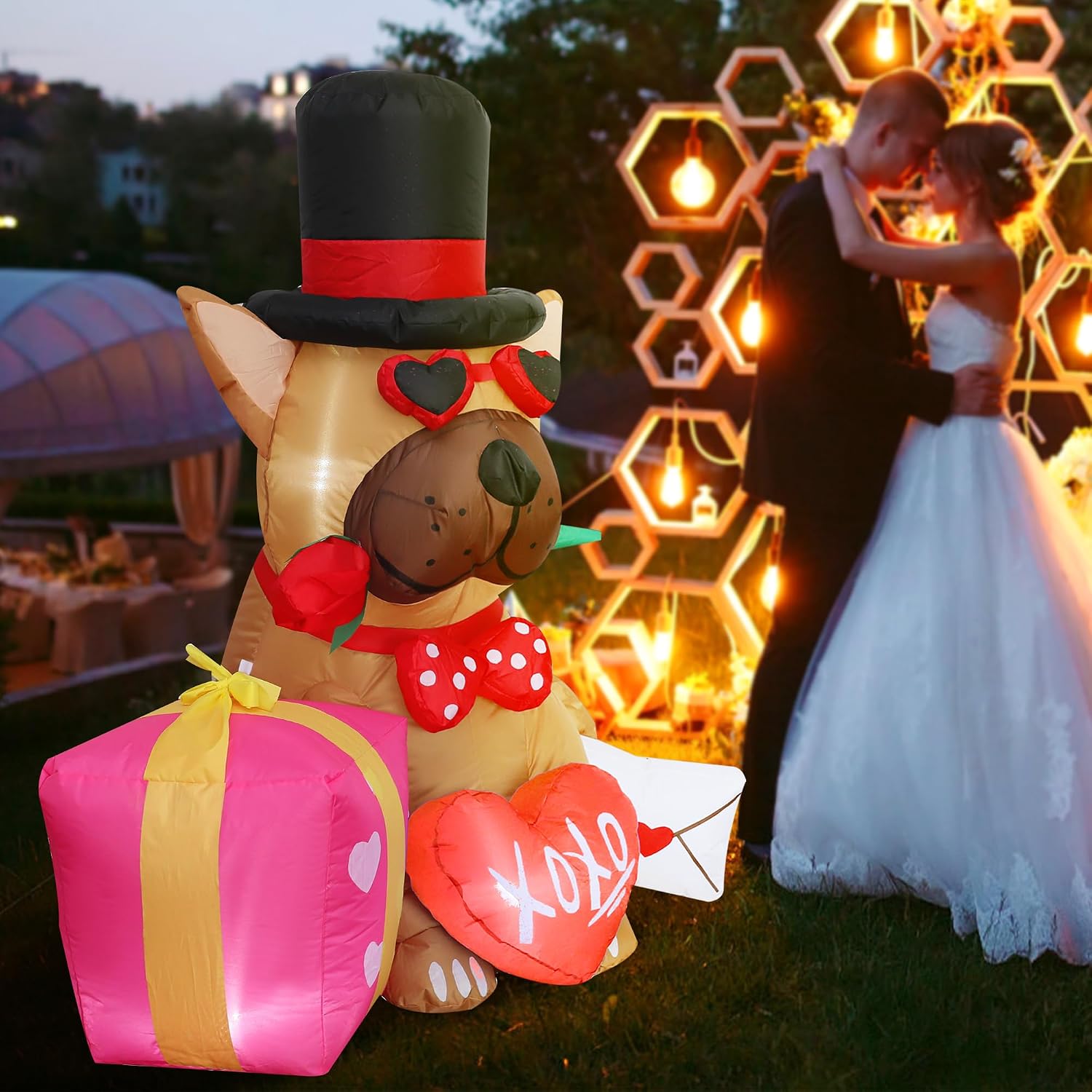5FT Wedding Inflatables Outdoor Decorations, Valentine Blow up Inflatable Dog with Heart for Valentine's Day Wedding Outdoor Decor Yard Decoration