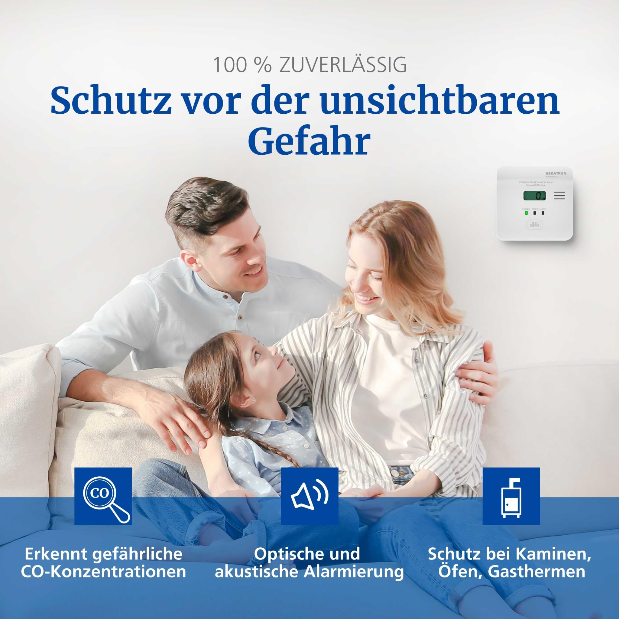 Hekatron KonexXt CO One – Kohlenmonoxid Melder 10 Jahre Batterie – CO Melder mit übersichtlichem Display und Test-Alarm-Taste, einfache Installation