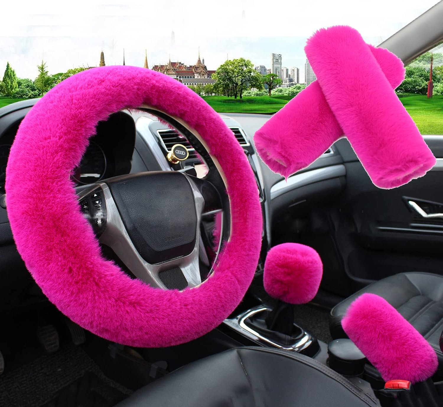Pinbola 5pcs in 1 Set Faux Wool Steering Wheel Cover Soft Fluffy Handbrake Cover & Gear Shift Cover & 2pcs Seat Belt Shoulder Pads Warm Universal Fit for 15 Inch (Purple Pink)