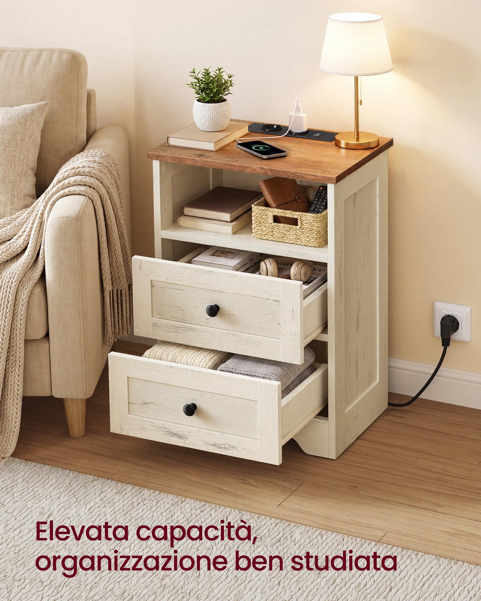 VASAGLE Comodino, con Prese e Porte USB, con 2 Cassetti, 40 x 30 x 59 cm