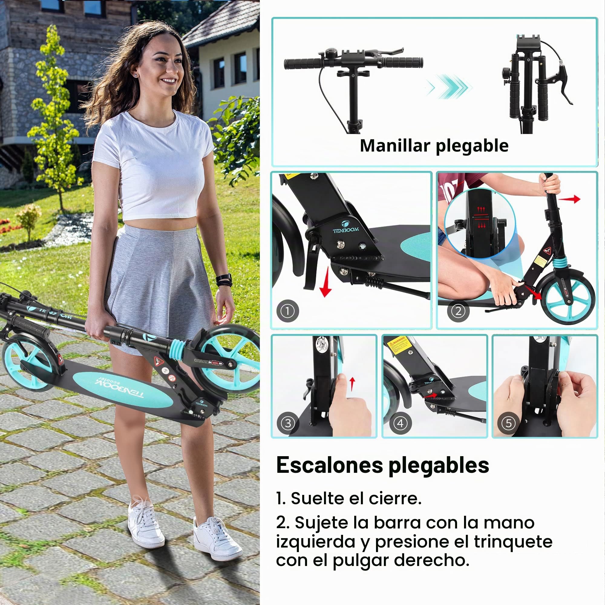 TENBOOM Ruedas de luz LED Patinete para Niños con Frenado de Mano y Frenado Trasero, Scooter para Adultos 2 Ruedas Luces, Patinete Infantil Plegable de Altura Ajustable, Regalo para Niños de 8-12años