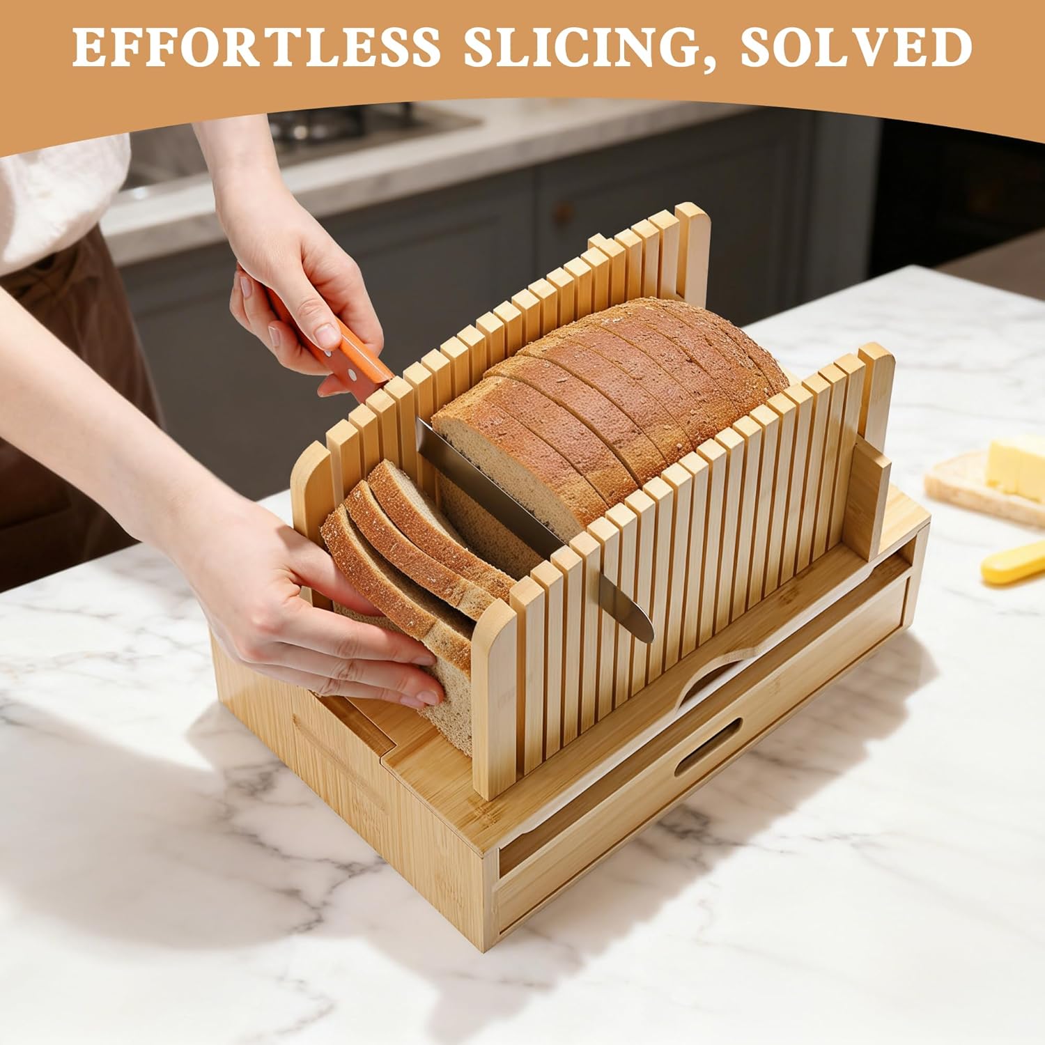 Bamboo Bread Slicer Guide: Bread Cutter for Homemade Bread Loaf - Adjustable and Foldable with Crumb Tray