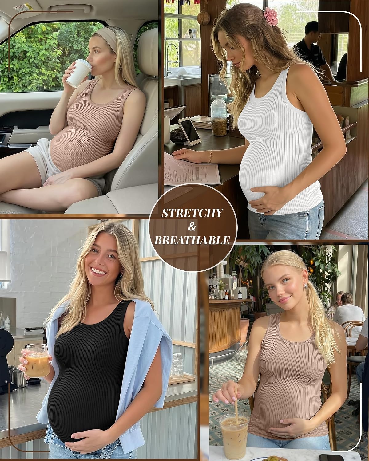 Locoowai 3 Pack Women's Maternity Tank Tops Sleeveless Racerback Summer Pregnancy Shirts Ribbed Knit Mama Clothes(Khaki, White, Black,X-Large)