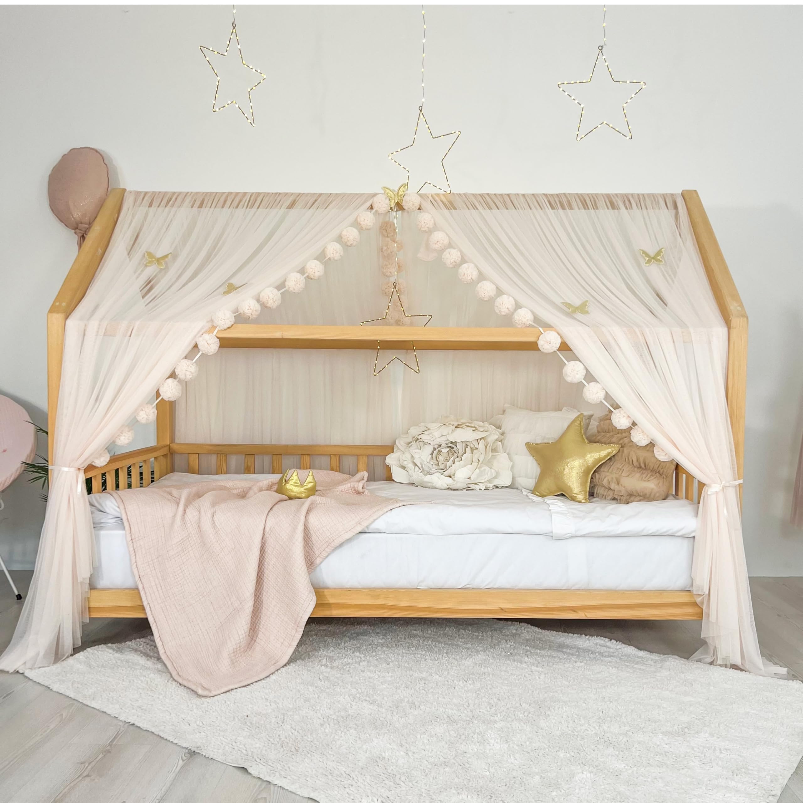 Tenda a baldacchino per letto della cameretta dei bambini, decorazione per letto montessori, tenda da gioco in morbido tulle per bambini (rosa vaniglia morbida, 380 cm, set da 4)