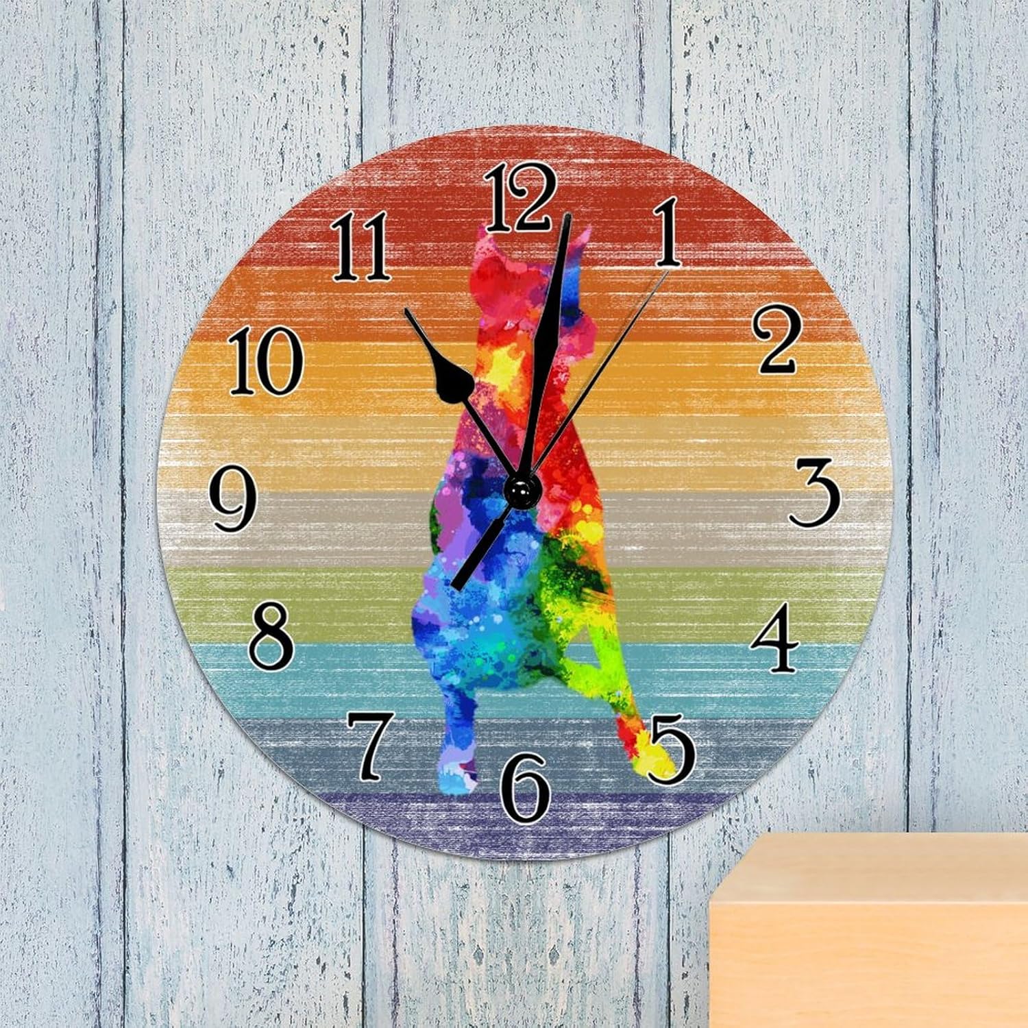 Watercolor Dog Doberman Rainbow Clocks Doberman Colorful Dog Silhouette Hanging Wall Clock Pride Month Parade LGBT Round Clocks for Wall Non-Ticking Silent Wall Clock for Home 15x15in