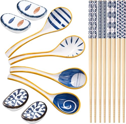 Juego de 4 cucharas de sopa de cerámica japonesa, 4 pares de palillos de bambú y 4 palillos japoneses, mango curvado, cucharas de sopa de ramen, de