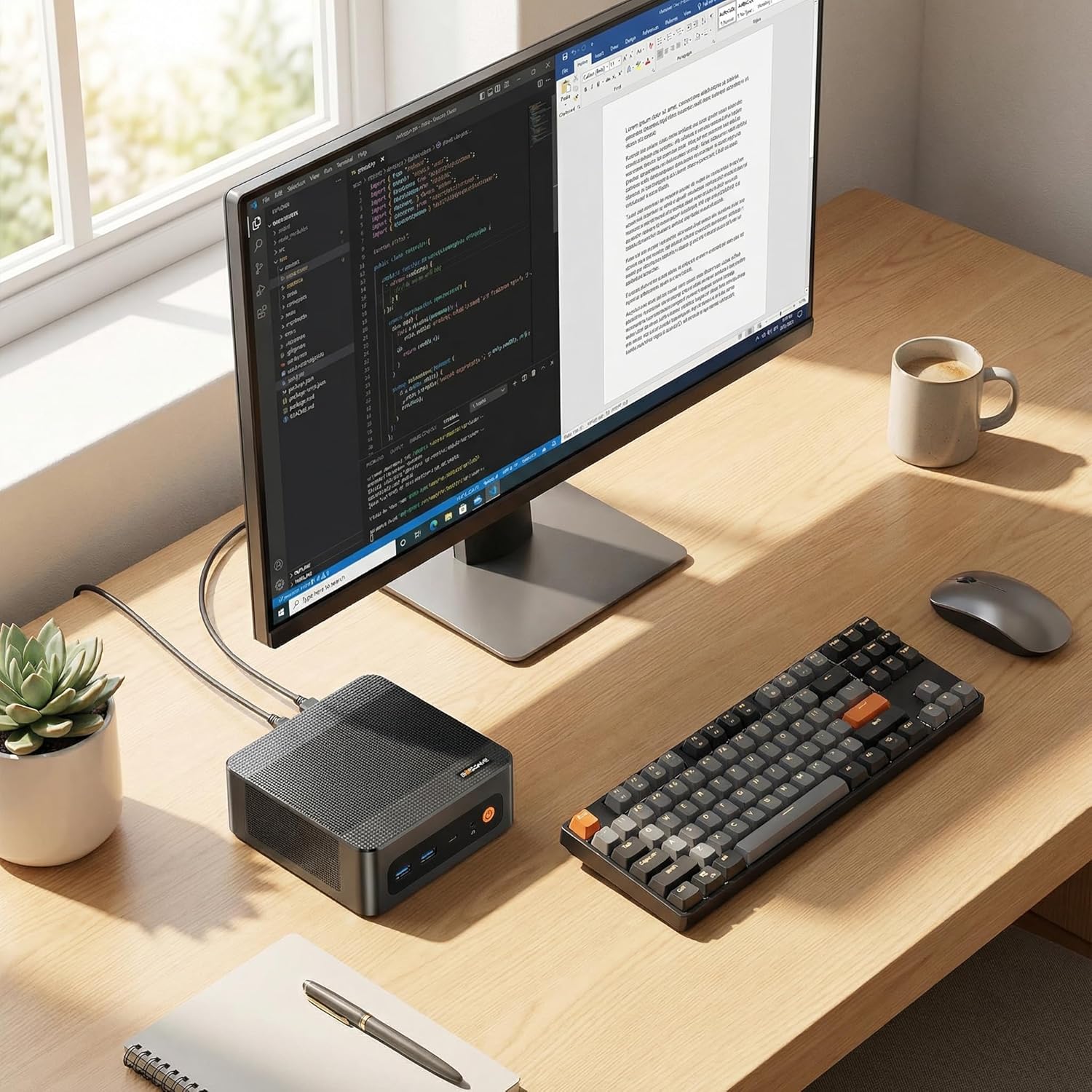 Contents of the BOSGAME P6 Mini PC package including the mini PC, power adapter, HDMI cable, VESA mount, and user manual.