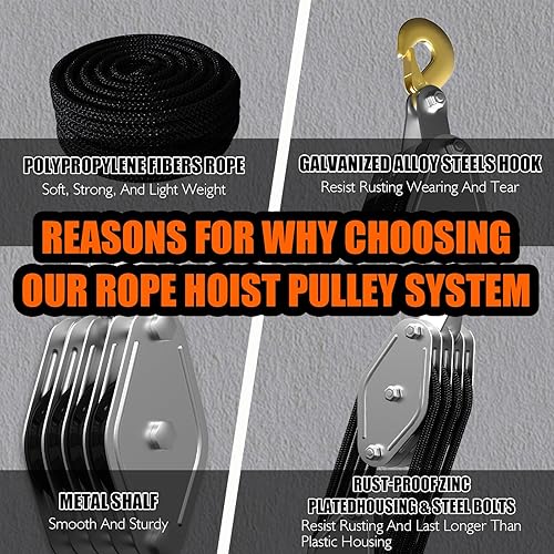 Miniatura 4 de Sistema de polea de polea de polea de cuerda, bloque de polea de 4400 libras y aparejos, relación 81 potencia de elevación de 38 × 65 pies, bloque