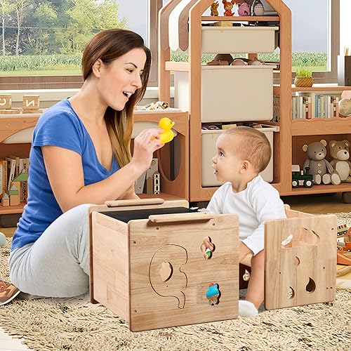 Miniatura 5 de Montessori - Juego de mesa y silla de destete, cubo de madera para niños pequeños con pizarra, mesa de actividades para dibujar, leer, manualidades,
