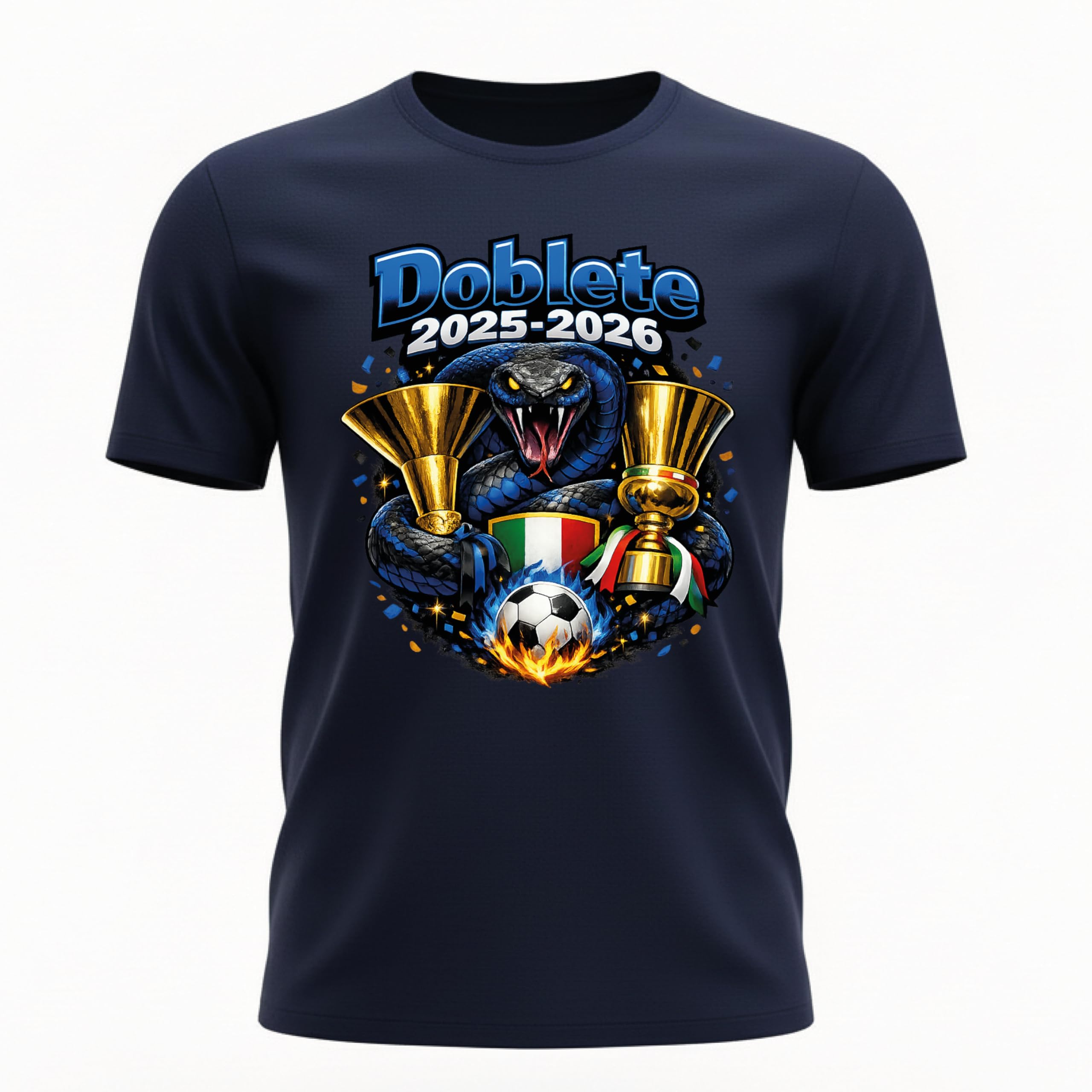 Generico Maglietta Calcio Doblete 2025-2026 Bambino Ragazzo – T-Shirt Neroazzurra con Serpente e Coppe – Idea Regalo Tifosi Campioni