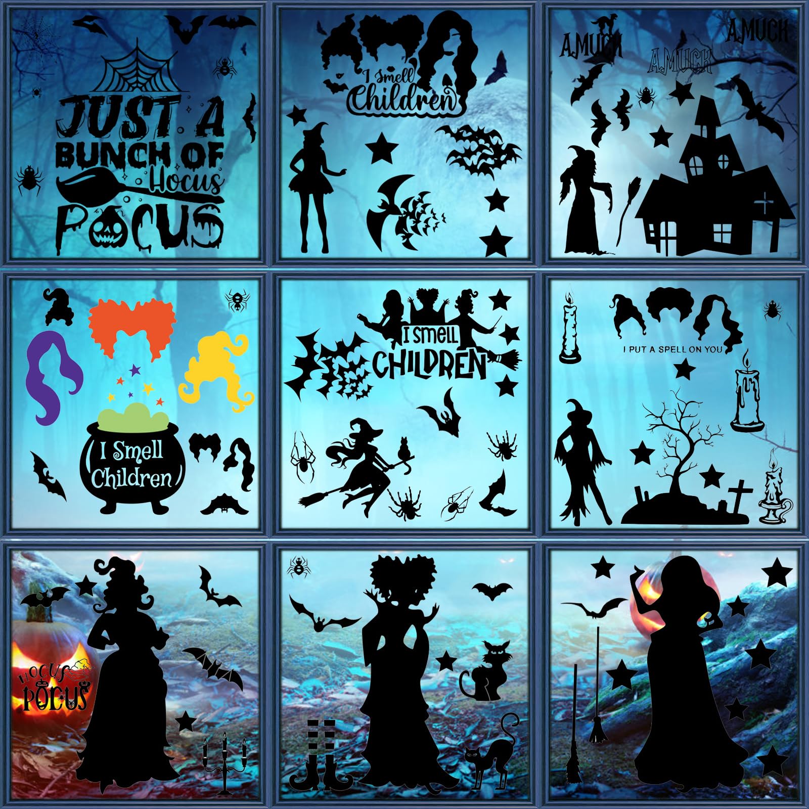 Syzplnwy Black Hocus Pocus Halloween Window Cling Stickers, 9 Sheets Double-Sided, Witch Bats Silhouettes Decal For Glass Door Decor Home Haunted House Party Supplies
