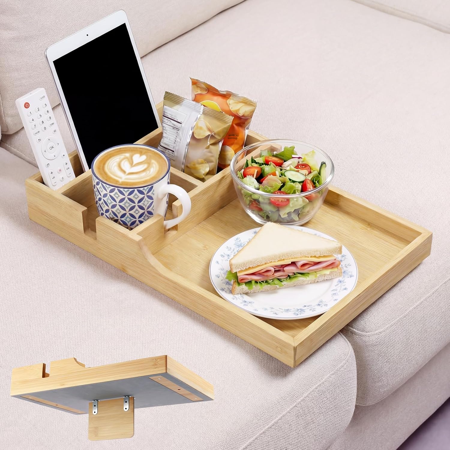 Couch Insert Tray,Bamboo Couch Tray Between Couch Cushions with 4 Compartments2 Cups Holder,Fit Armless Couch/Sectional, 2-in-1 Fold-Flat Tray,for Snacks, Drinks, Remotes,15.35x9.84-inch (Bamboo)