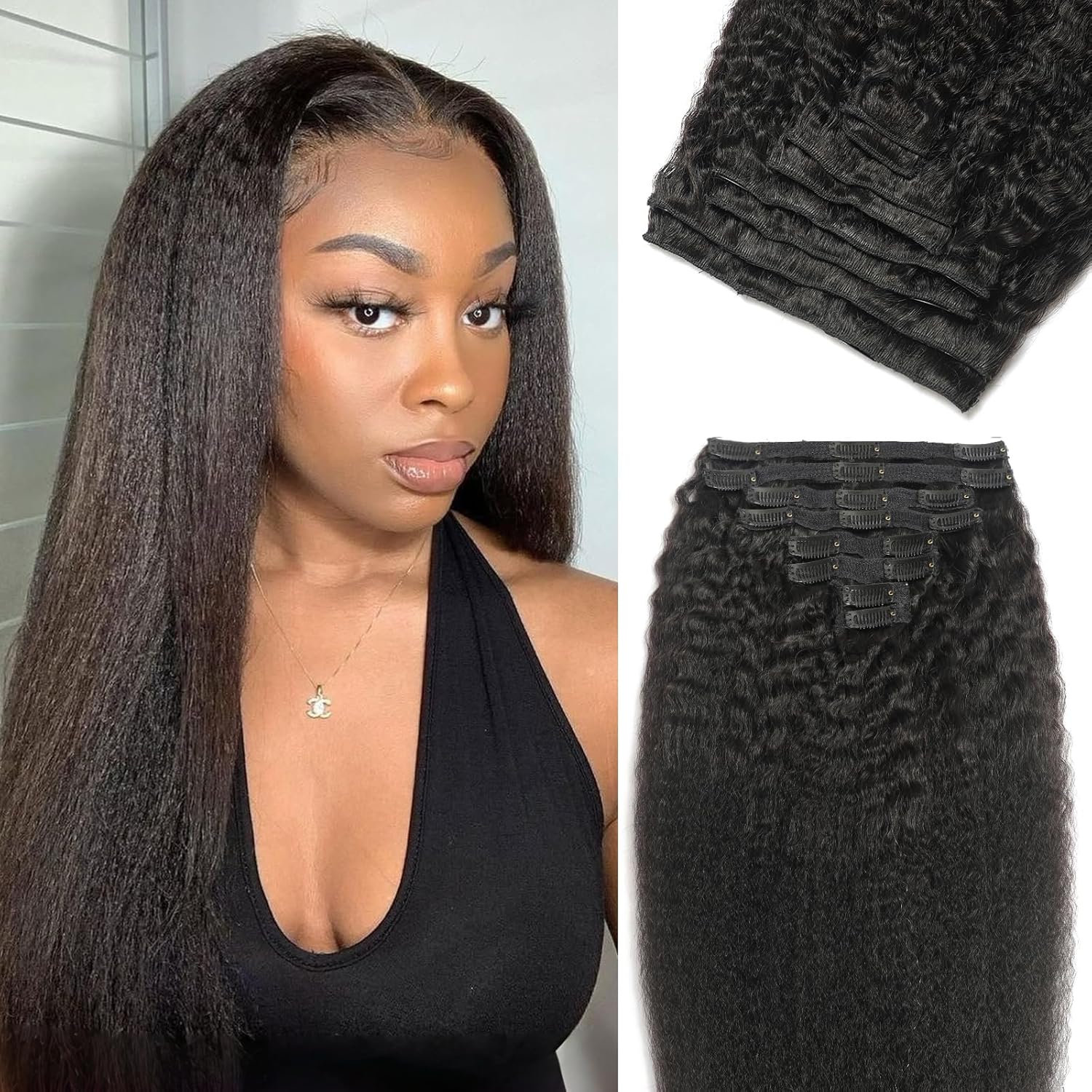 18 Inch Clip in Human Hair Extensions 110g 8Pcs with 18Clips Clip in Extensions for Black Women Natural Black Brazilian Human Hair Double Weft Kinky Straight Clip Ins（1B Color）