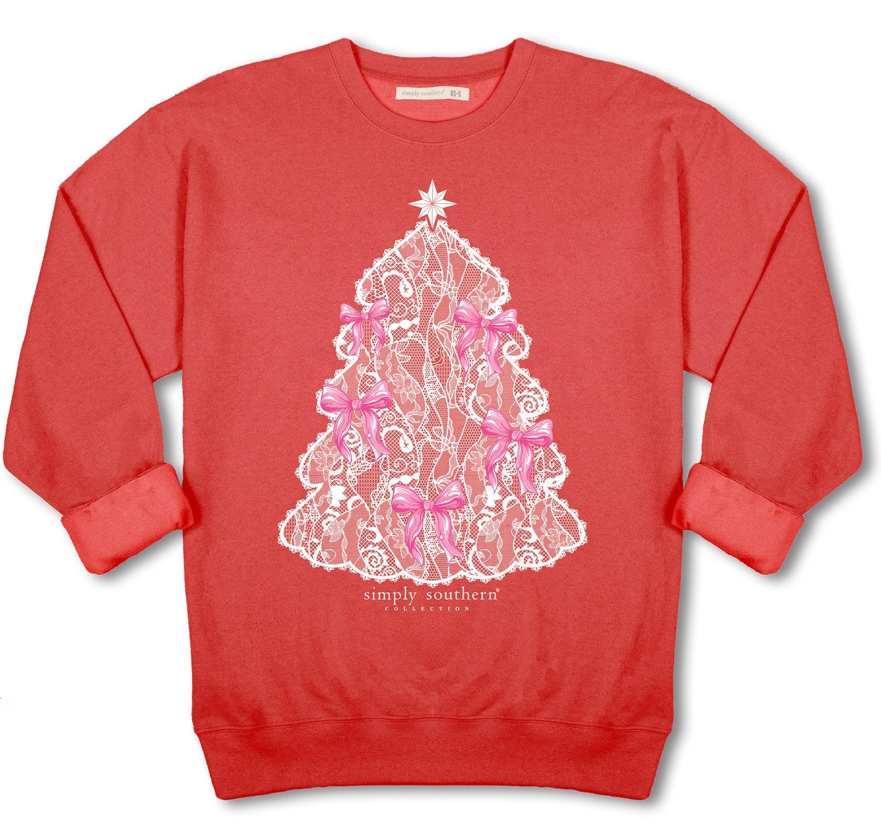Simply Southern Christmas Tree Lace - Pink Bows - Star - Adult Crew Sweater