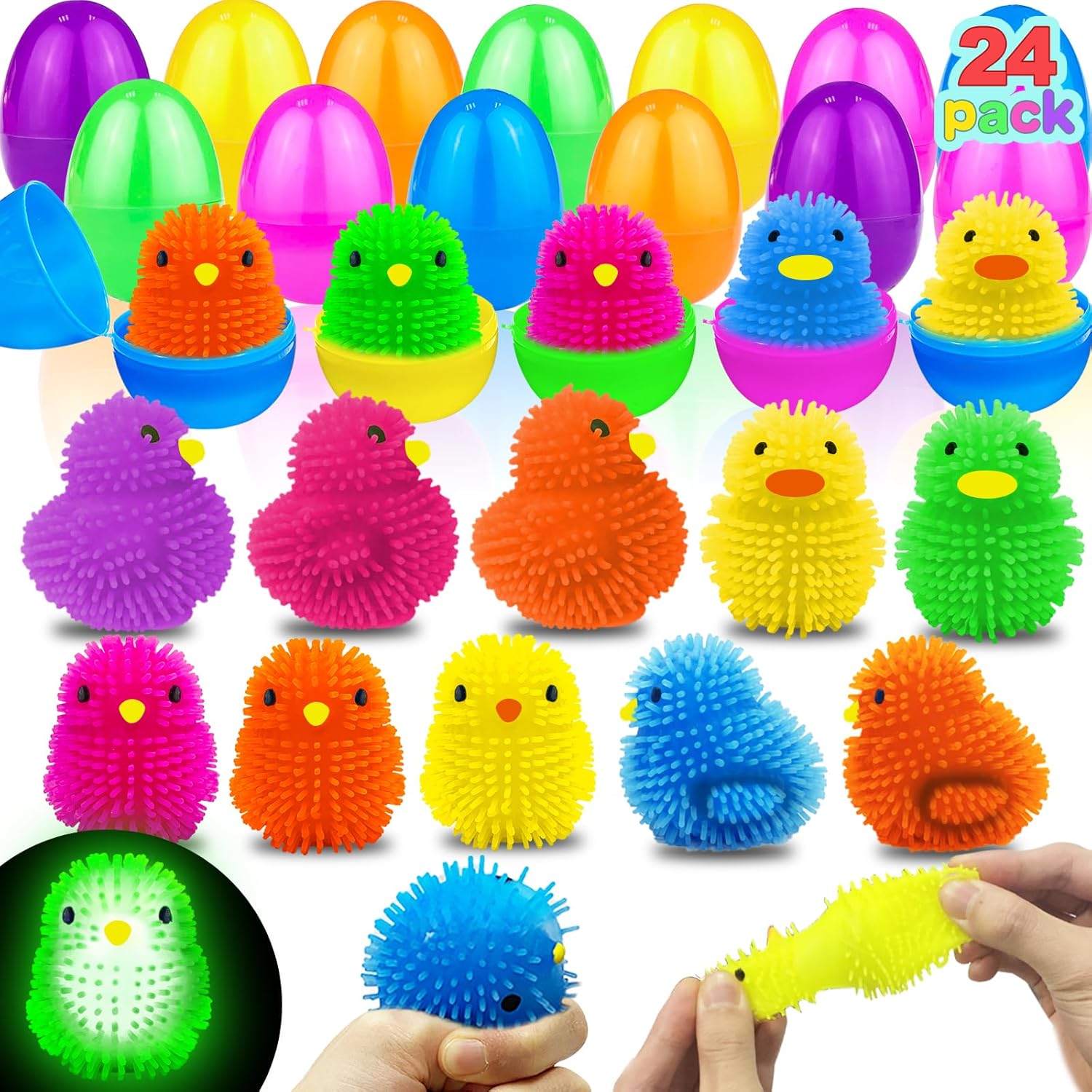 AMENON 24 Pack Prefilled Easter Basket Stuffers Chick Duck LED Puffer Balls Easter Eggs with Toy Light Up Squeeze Sensory Ball Stress Relief Fidget Easter Egg Hunt Party Favors Gifts Kids Boys Girls