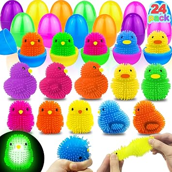 AMENON 24 Pack Prefilled Easter Egg with Toys Fillers , Light Up Chick Duck Puffer Balls Easter Basket Stuffers Squeeze Sensory Stress Relief Fidget Easter Egg Hunt Party Favors Gifts Kids Boys Girls