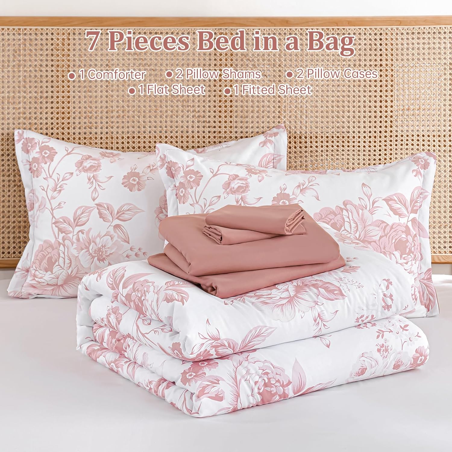 Luxudecor Floral Queen Comforter Set 7 Pieces Bed in a Bag, Pink Rose Romantic Flower Bed Set, Soft Reversible Comforter with Sheet Set 90"x90" - Image 8