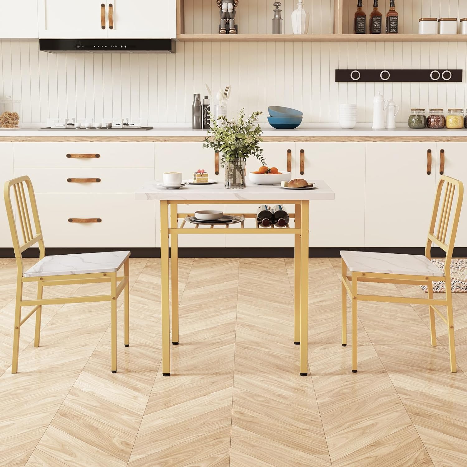 Giantex 3-Piece Dining Table Set, Rectangular Kitchen Table with Storage Rack and 2 Dining Chairs, Heavy-Duty Metal Frame, Space-Saving Dinette Set for Breakfast Nook, Apartment (White + Gold)