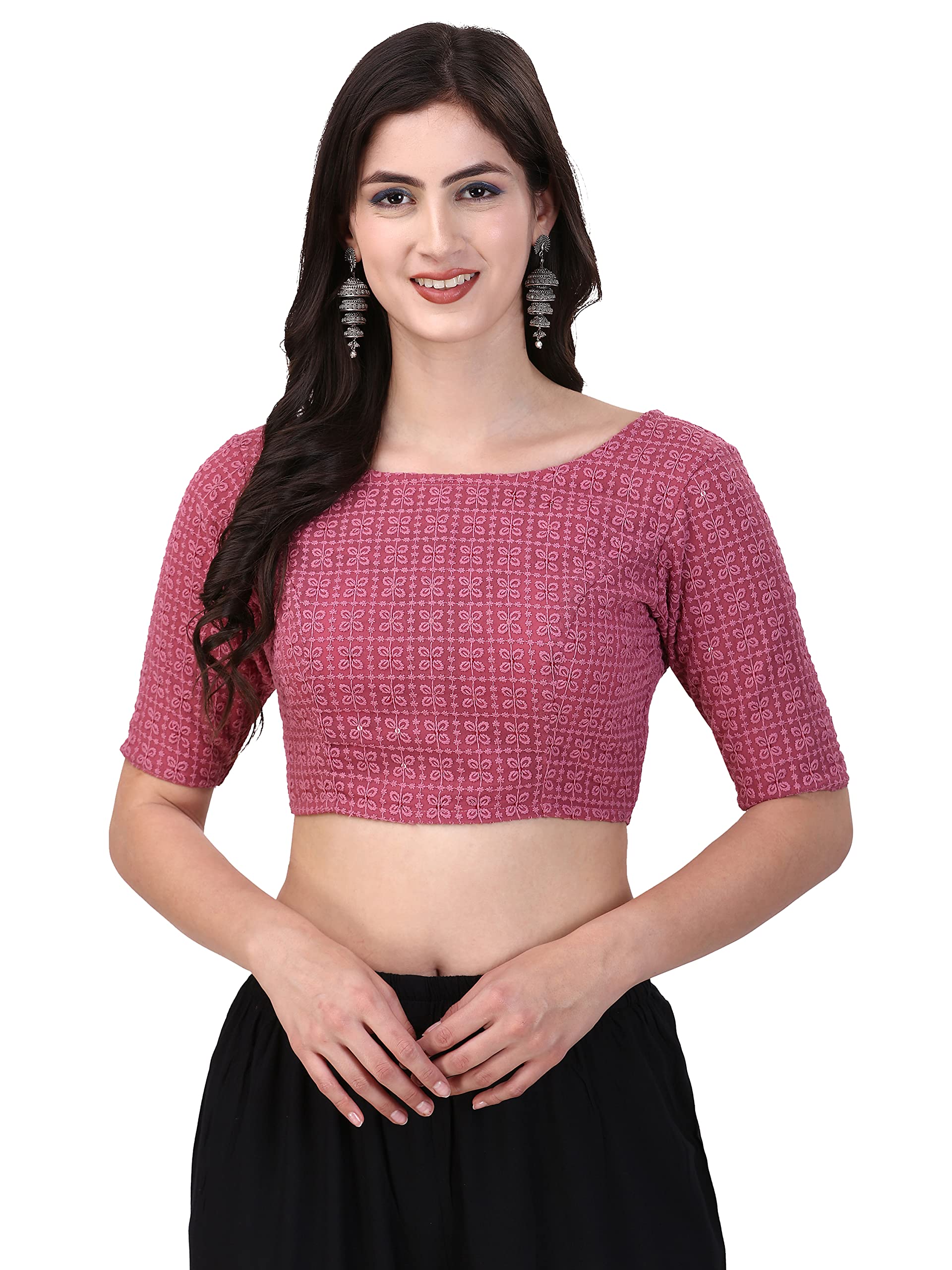 Oomph! Traditional Cotton Schiffli Fabric Blouse For Women |Elbow Length Sleeves | Wedding & Festival Wear | Comfortable & Trendy Ethnic Wear | Readymade Blouse For Saree & Lehenga