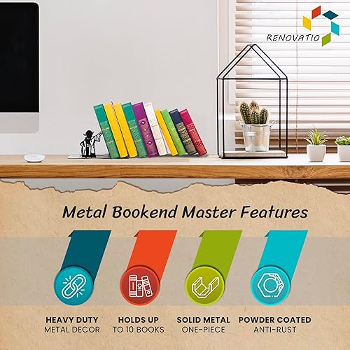 Miniatura 2 de Renovatio Sujetalibros de metal negro Linda, única, decoración geek para el hogar, la oficina y la habitación de los niños Sujetalibros