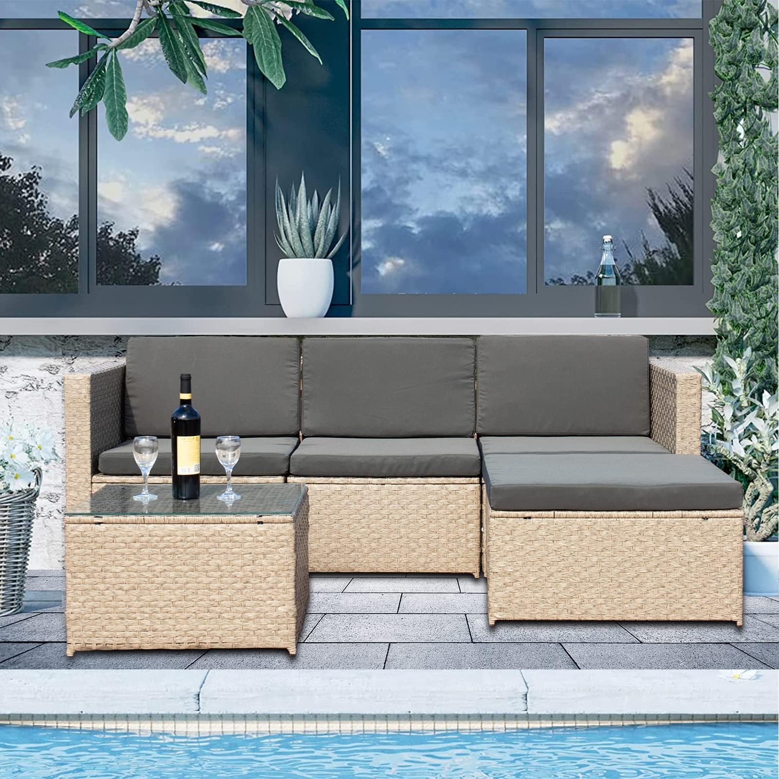TUOKE 5pcs Rattan Garden Corner Sofa Set, Outdoor Garden Furniture Set Patio Sofa Set, with Glass Coffee Table Outdoor Cushions for Garden or Conservatory (Gray)