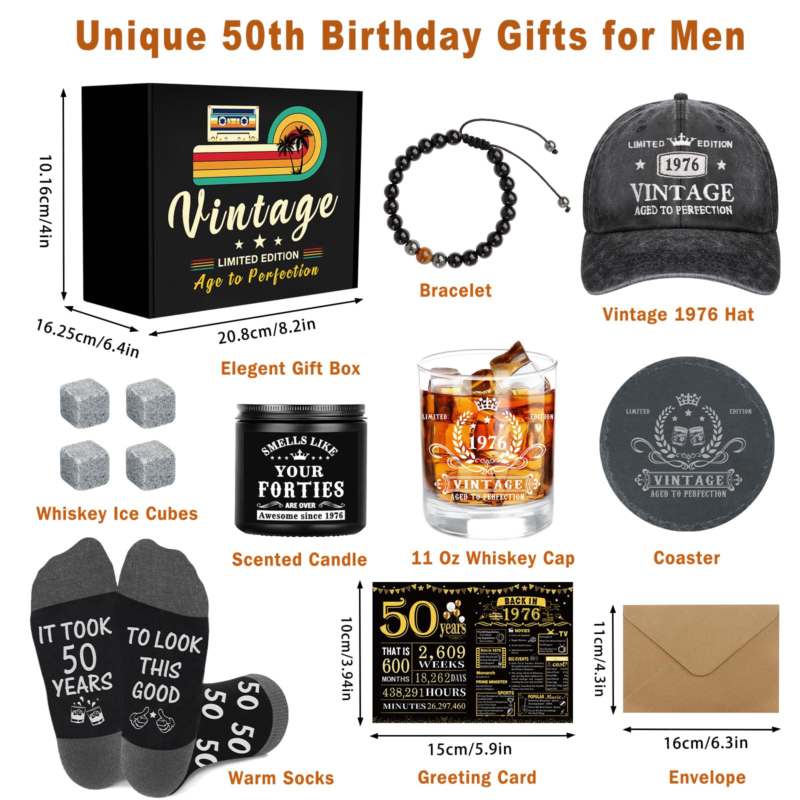 Regalos de 50 cumpleaños para él, decoraciones de feliz cumpleaños 50 para hombres, regalos de 50 años para hombre que lo tiene todo, cestas de regalo de 50 cumpleaños de 1976 para hombres, gorra de