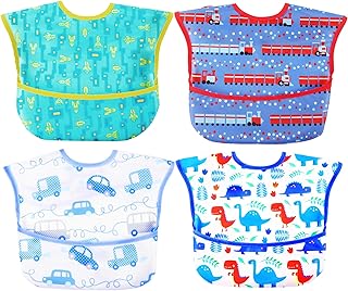 [スリーマッシュルーム] お食事用エプロン ベビー 離乳食 エプロン 3D 立体 保育園エプロン - 防水よだれかけ 赤ちゃん 4枚セット 速乾 洗濯機で洗える 名前を書ける 【保育士推奨】 保育園用 男の子 女の子