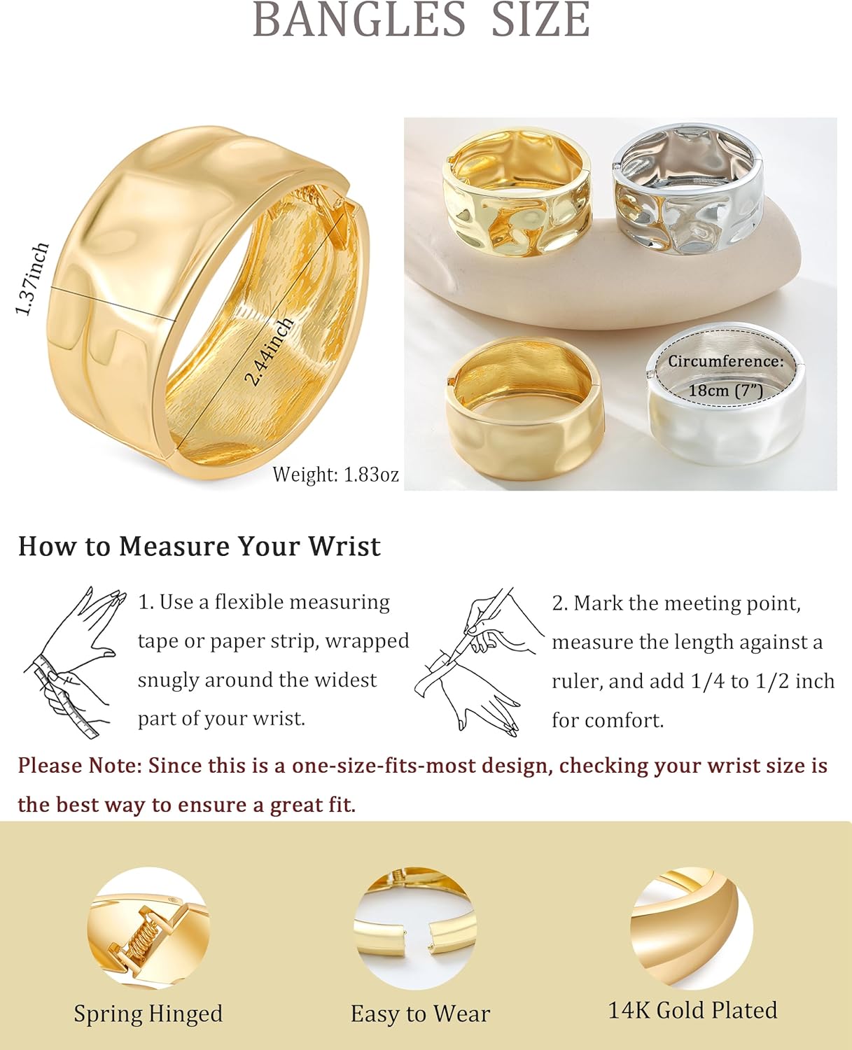 Bangle Bracelets for Women | 14K Gold Plated Trendy Wide Bracelets | Hinged Arm Cuff Bangles Chunky Bracelet for Women - Image 7