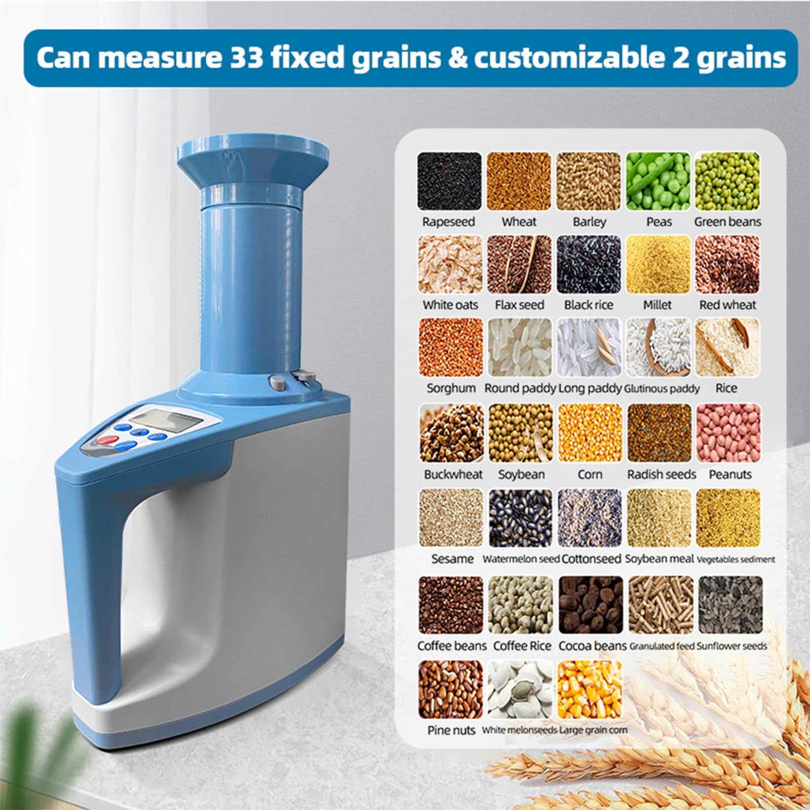 Tester portatile di umidità per cereali, 35 in 1 metro, per semi, riso, mais, grano, misurazione del peso e della temperatura, per agricoltori