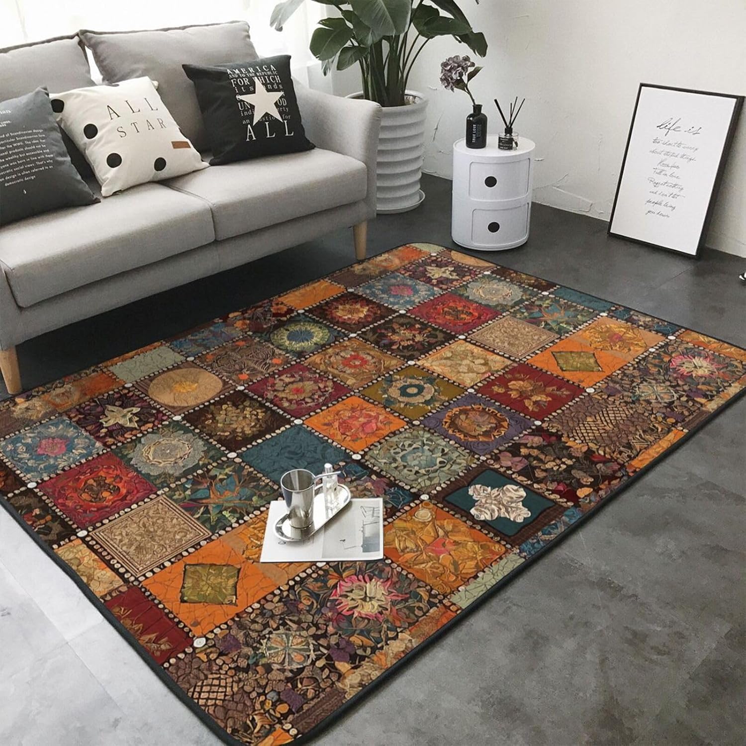 Flannel Non-Slip (African Style Patchwork) Rug Pad 80×50in Soft Washable Protective for Hardwood Floors Bedroom Bathroom Living Room