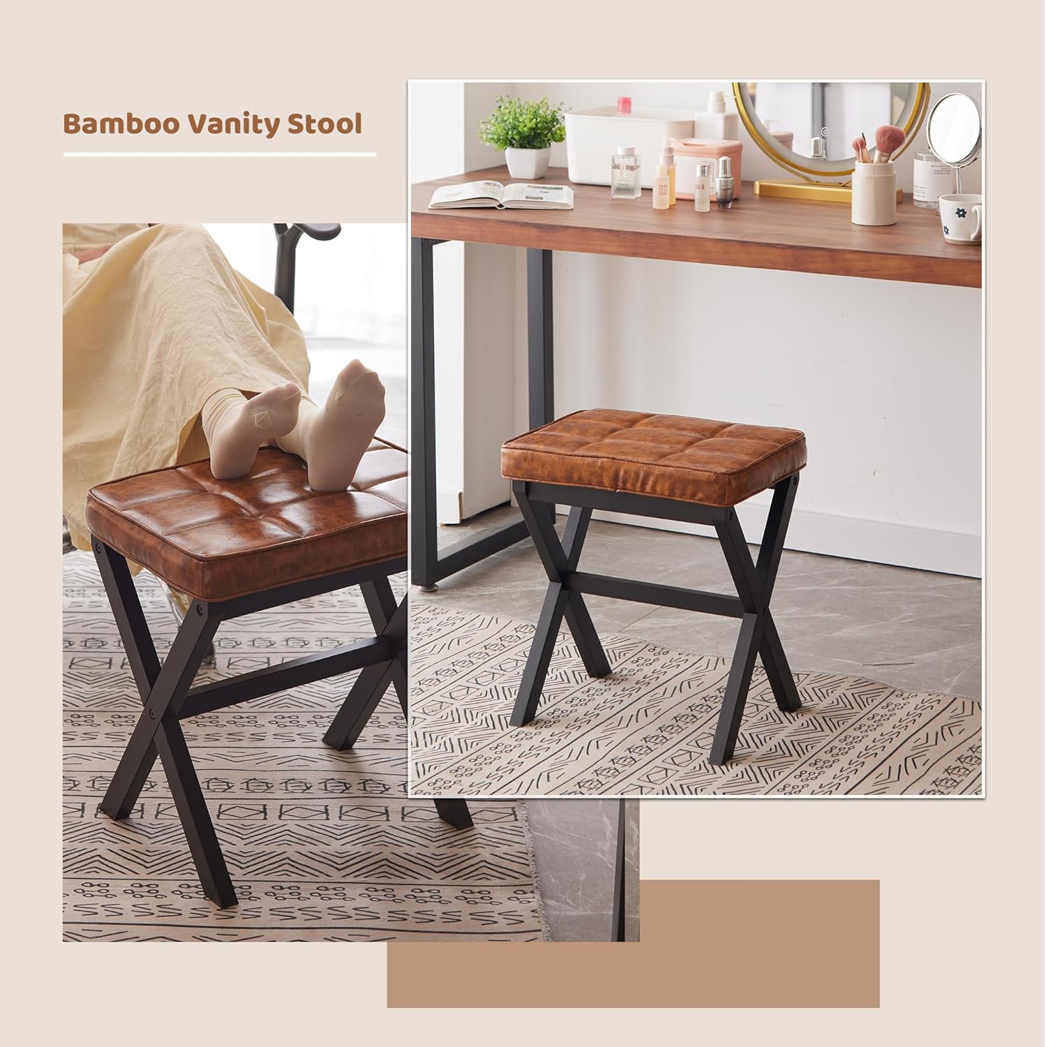 FILWH Foot Stool Small Ottoman Foot Rest Padded Foot Stool Desk for Under Office Desk Vanity Stool Bamboo Footstool Sofa Footrest Shoe Stool Small Foot Stools (Black Legs + Patterned Brown)
