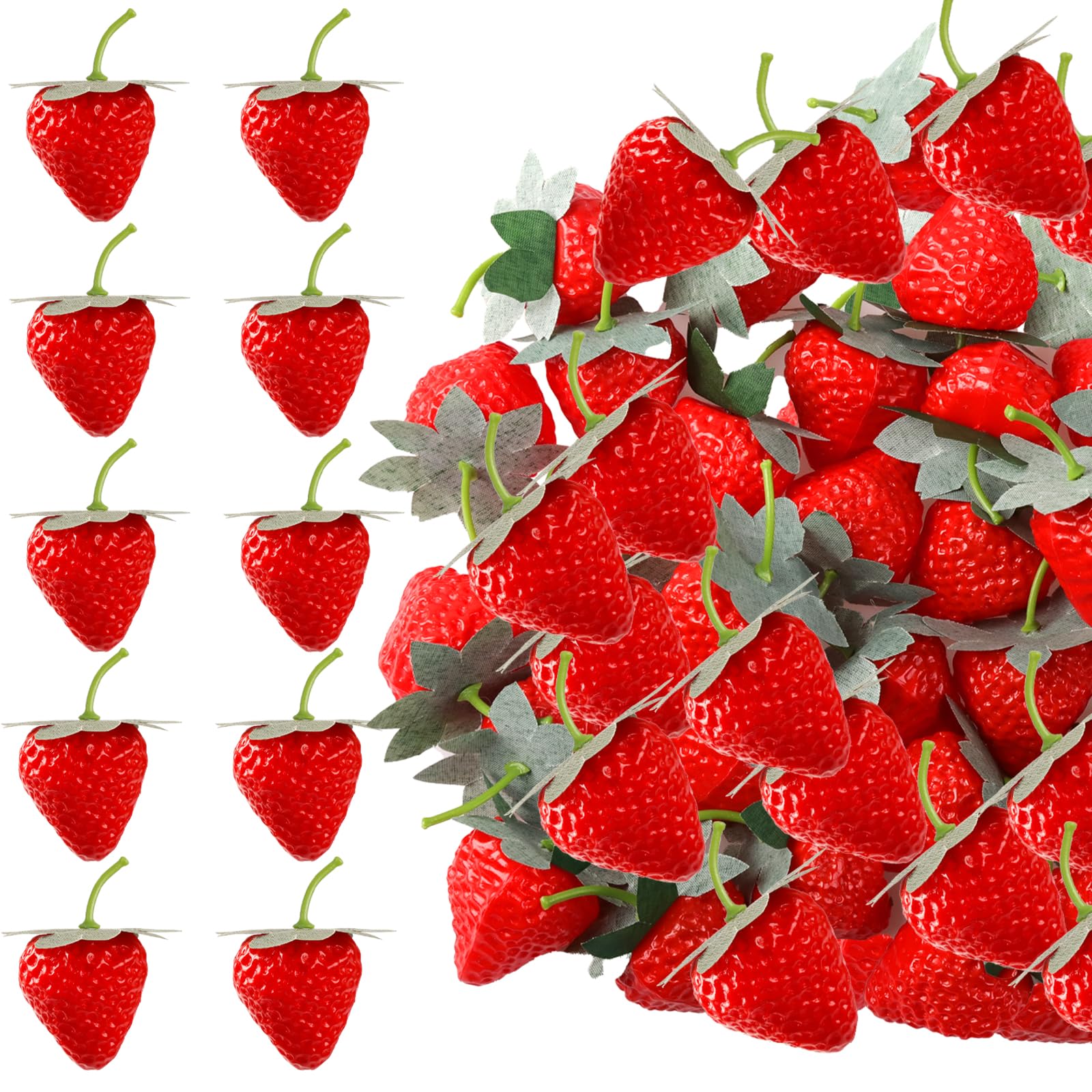 30PCS Fake Strawberries Artificial Red Strawberries Lifelike Plastic Strawberry Faux Realistic Strawberry Decor Fake Fruit Decor for Home Kitchen Festival Party Cake Decoration Photography Prop