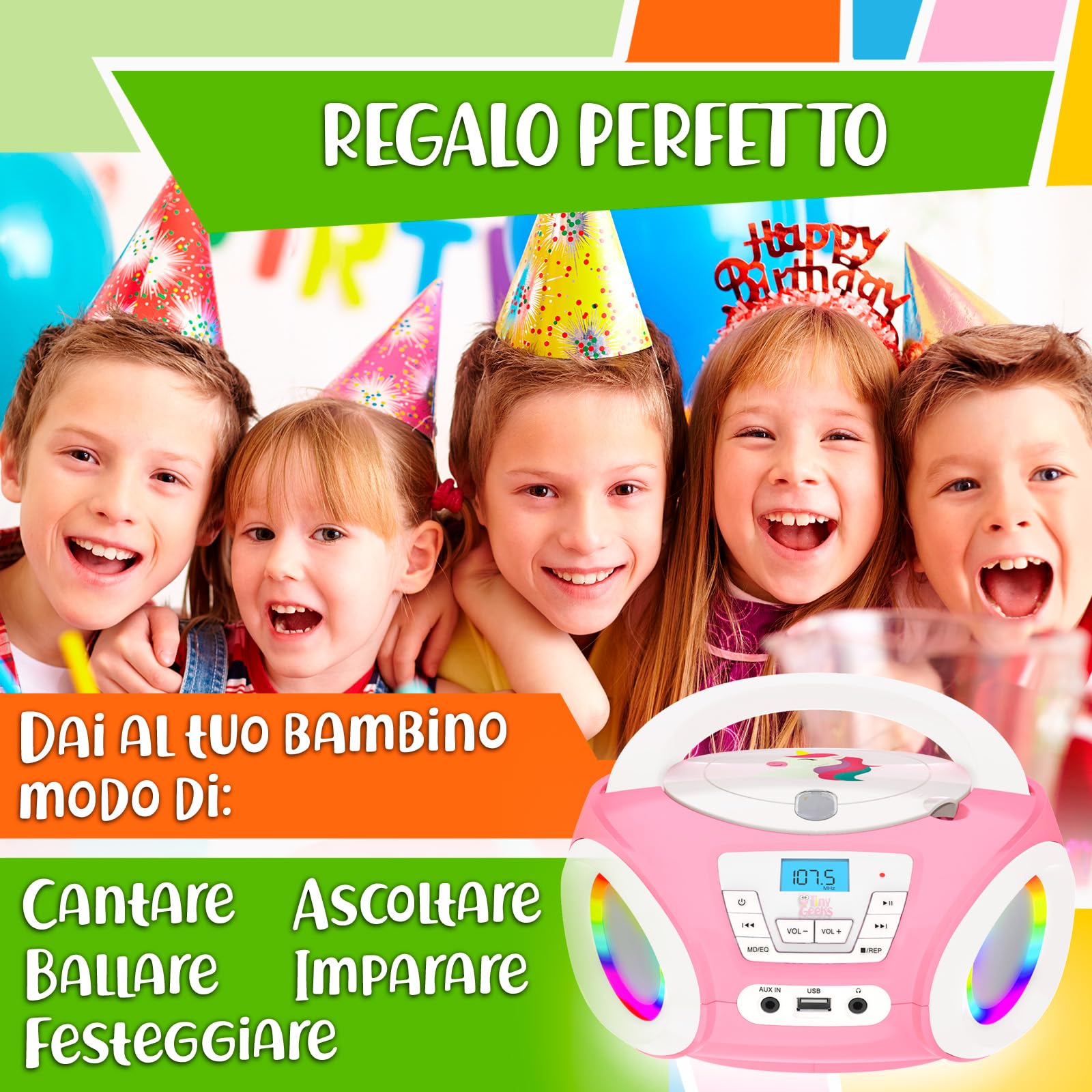 Tinygeeks Tunes Lecteur CD Enfant - Nouveauté - Radio FM - Piles incluses - Radio Mignon avec Haut-parleurs - Le Cadeau Parfait pour Les Tout-Petits - Rose