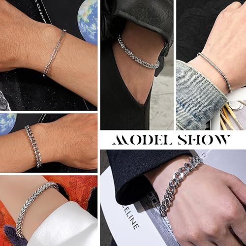 Miniatura 3 de Ritach Pulsera de cadena cubana de acero inoxidable para hombres y mujeres, ancho de bordillo, cuerda de plata, juego de pulseras de cadena cubana