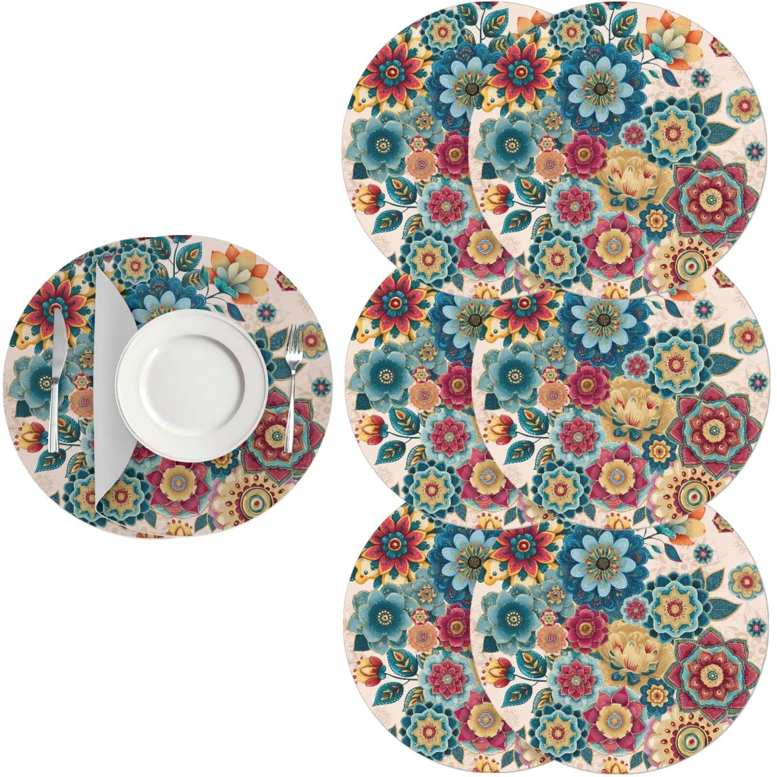 Generic Retro Mushroom Table Mats Set of 6 Waterproof Leather Round Placemats Extra Big Premium Plastic Place Mats Set for Dining Kitchen Tables — image 1