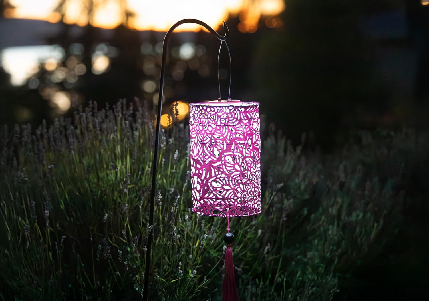 Allsop Soji Stella Tassel Solar Lantern, 7.25" LED Outdoor Light, Weather-Resistant UV Treated Fabric, Stainless Steel Hardware, Auto Sensor on/Off, for Patio, Deck, Garden (Cylinder - Raspberry)