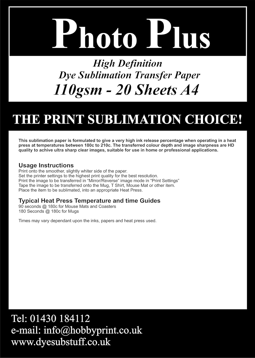High Definition Dye Sublimation Heat Transfer Paper 20 Sheets A4