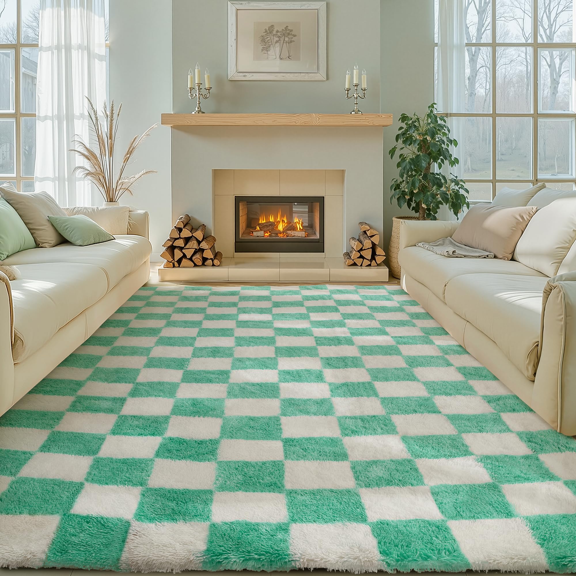 HUGEAR Alfombra Salon 240x300cm Pelo Largo a Cuadros Grande Verde Blanco Suave Alfombras Antideslizante Modernas Habitacion Juvenil Pie de Cama Exterior Dormitorio Comedor Salón Cocina OEKO-TEX STANDARD 100